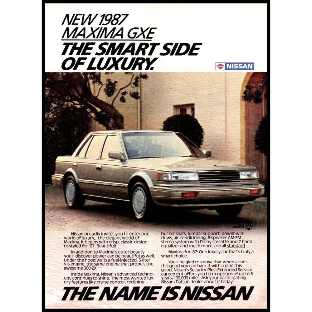 1987 Nissan Maxima GXE Sedan Vintage Print Ad Smart Luxury Wall Art Photo